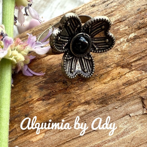 Alquimia Silver Floral Ring onyx - Picture 1 of 2